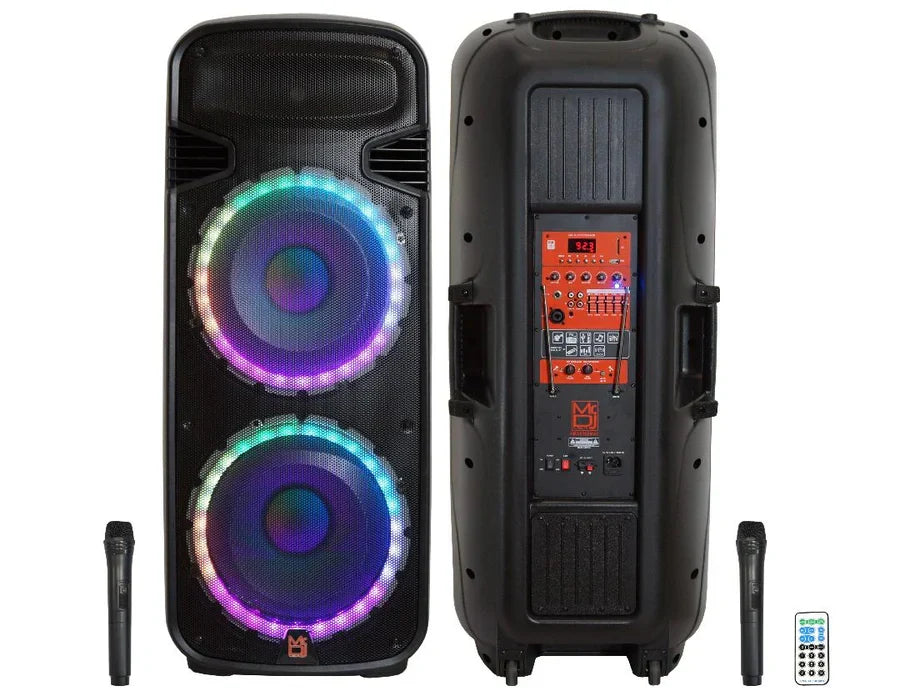 MR DJ PBX6300BAT 4500 Watts Dual 15" Rechargeable PA DJ Party Speaker Bluetooth, Light, Echo, MIC