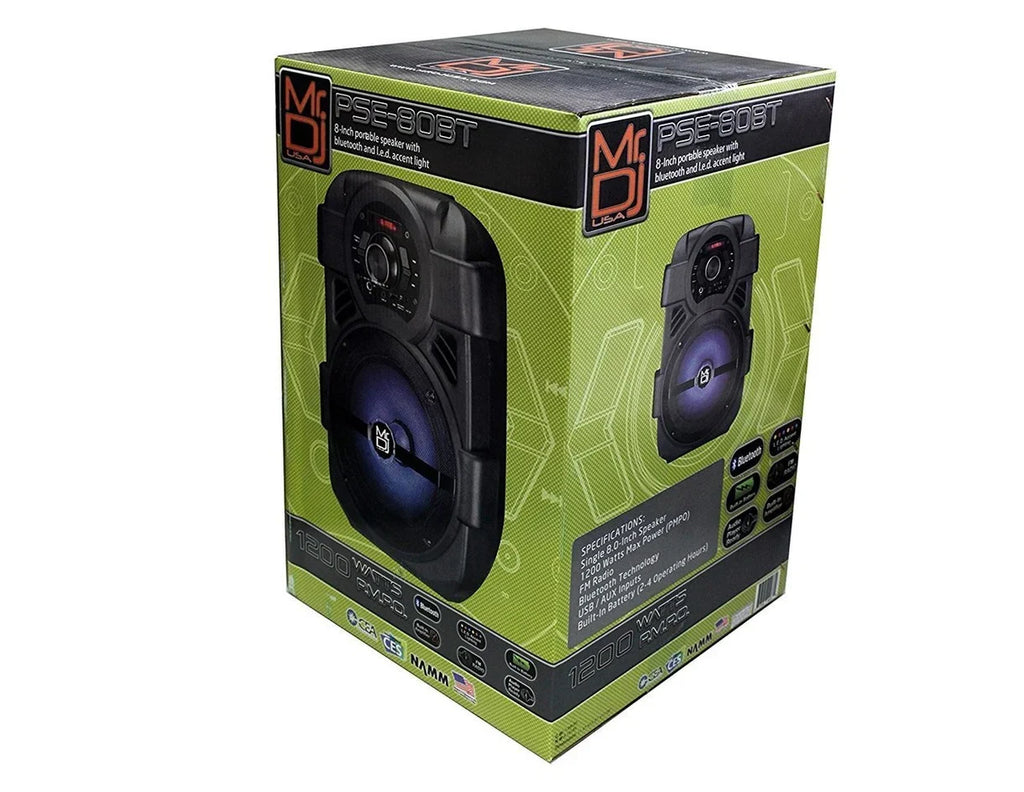 2 MR DJ PSE80BT 8" Portable Bluetooth Active Speaker Rechargeable Battery Party Speaker 1200 Watts