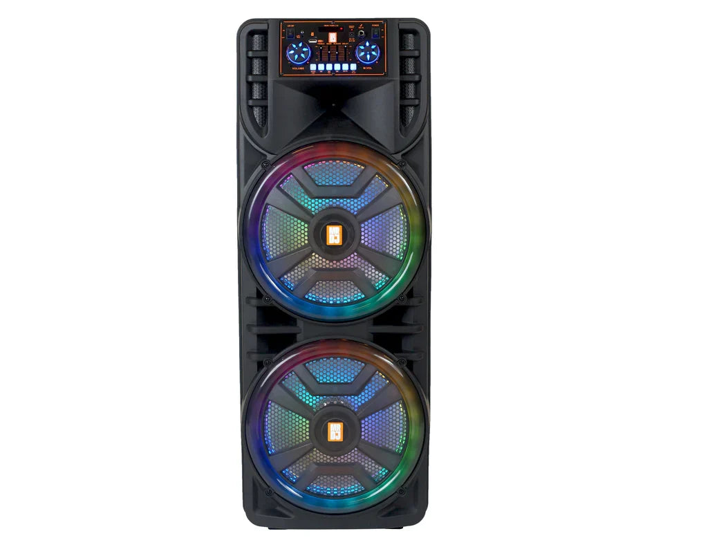 MR DJ NEWYORK 2.0 Dual 12” Rechargeable Bluetooth Party Speaker, 4000W Portable PA System with Flame LED Lights, 2 Wireless Microphones, TWS Stereo, USB, FM Radio