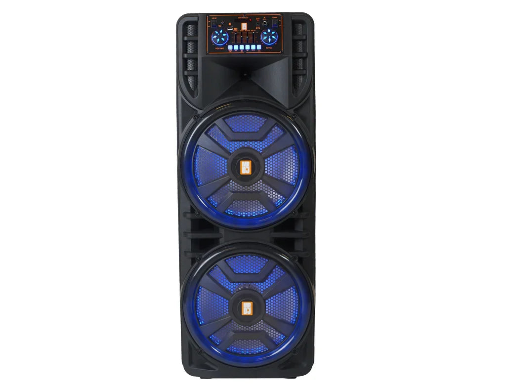 MR DJ NEWYORK 2.0 Dual 12” Rechargeable Bluetooth Party Speaker, 4000W Portable PA System with Flame LED Lights, 2 Wireless Microphones, TWS Stereo, USB, FM Radio