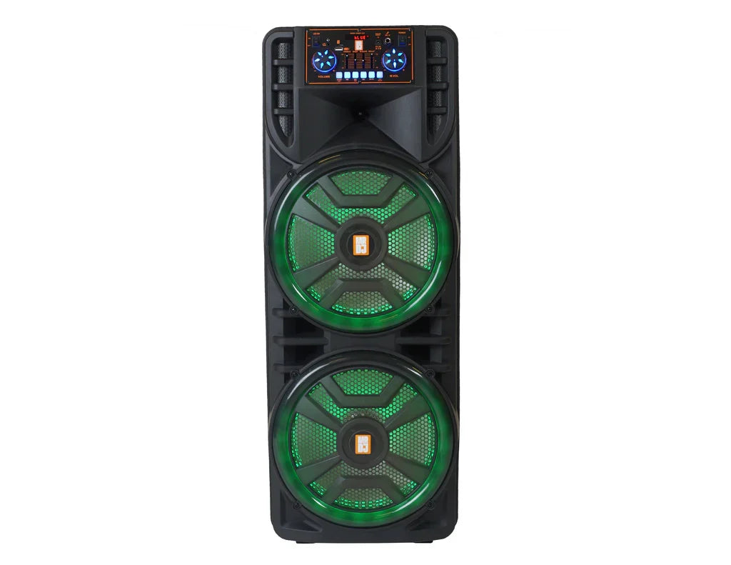 MR DJ NEWYORK 2.0 Dual 12” Rechargeable Bluetooth Party Speaker, 4000W Portable PA System with Flame LED Lights, 2 Wireless Microphones, TWS Stereo, USB, FM Radio