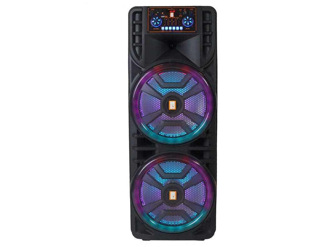 MR DJ NEWYORK 2.0 Dual 12” Rechargeable Bluetooth Party Speaker, 4000W Portable PA System with Flame LED Lights, 2 Wireless Microphones, TWS Stereo, USB, FM Radio