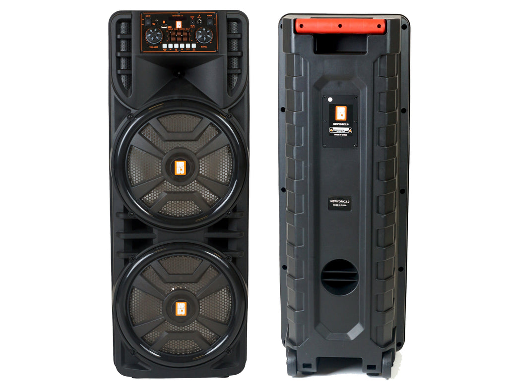 MR DJ NEWYORK 2.0 Dual 12” Rechargeable Bluetooth Party Speaker, 4000W Portable PA System with Flame LED Lights, 2 Wireless Microphones, TWS Stereo, USB, FM Radio