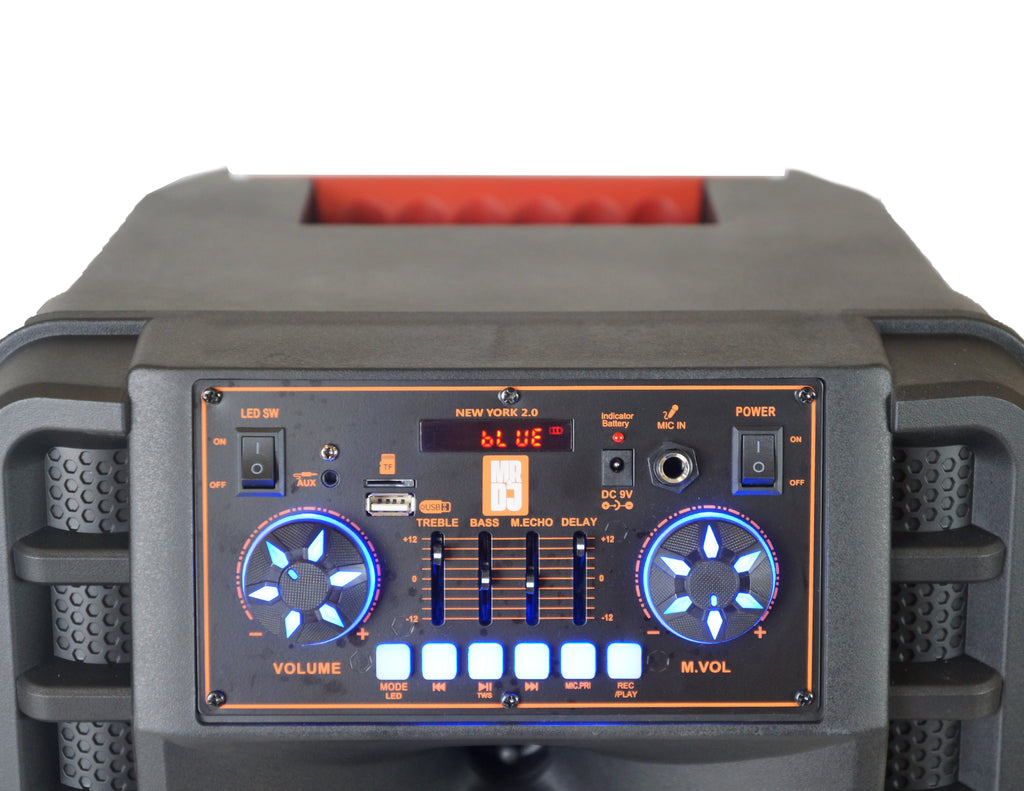 2 MR DJ NEWYORK 2.0 Dual 12” Rechargeable Bluetooth Party Speaker 4000W Portable PA System with Flame LED Lights 2 Wireless Microphones TWS Stereo USB FM Radio