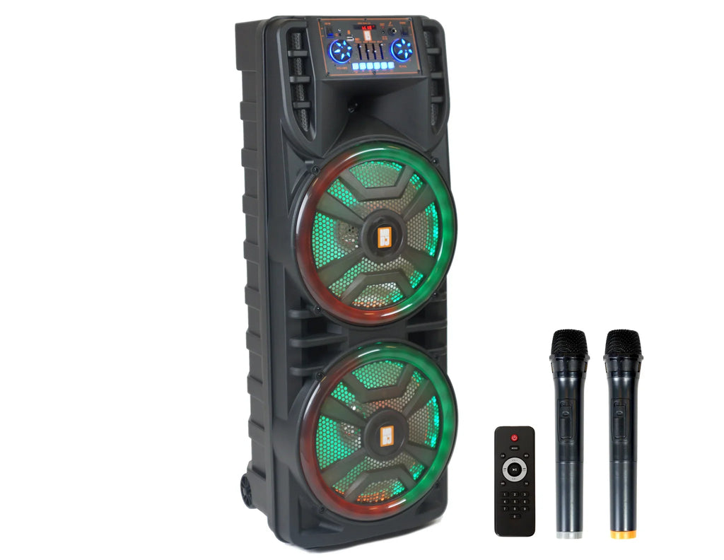 MR DJ NEWYORK 2.0 Dual 12” Rechargeable Bluetooth Party Speaker, 4000W Portable PA System with Flame LED Lights, 2 Wireless Microphones, TWS Stereo, USB, FM Radio
