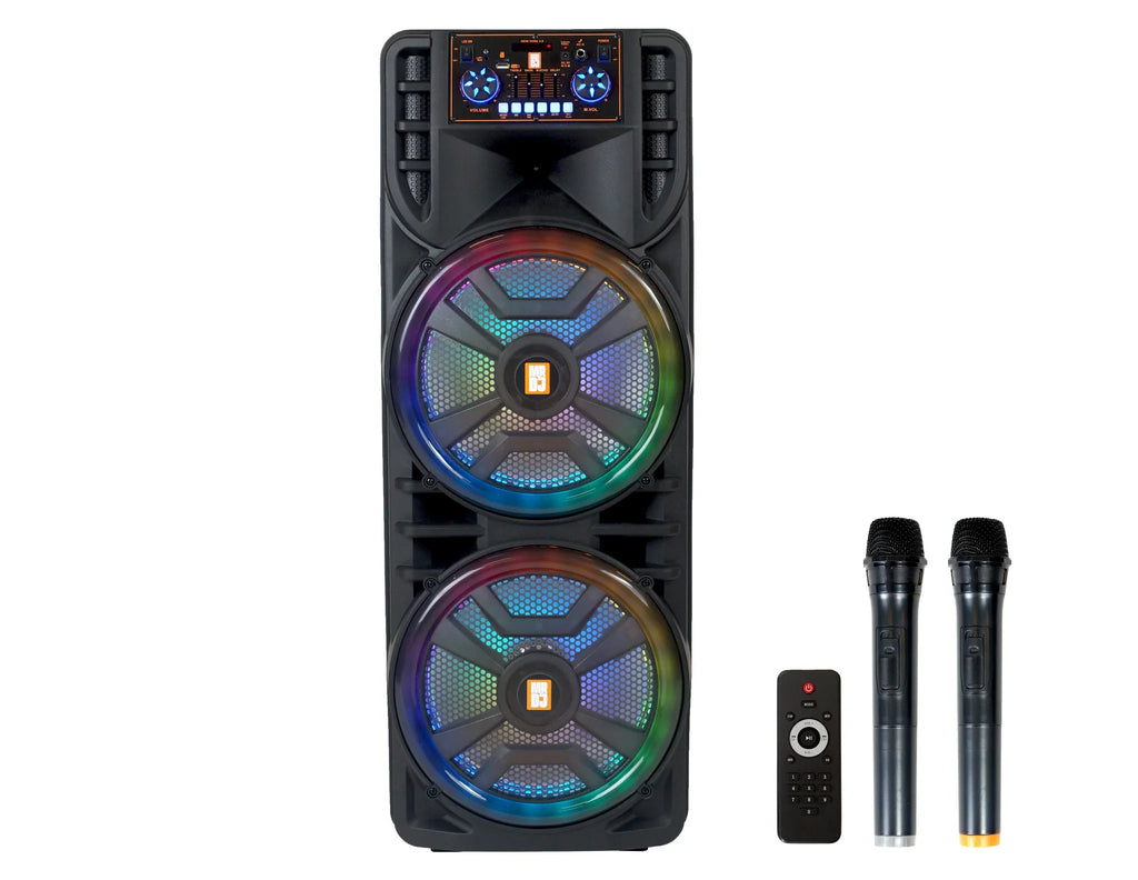 2 MR DJ NEWYORK 2.0 Dual 12” Rechargeable Bluetooth Party Speaker 4000W Portable PA System with Flame LED Lights 2 Wireless Microphones TWS Stereo USB FM Radio