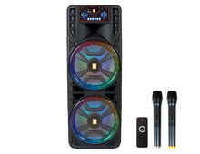 Load image into Gallery viewer, 2 MR DJ NEWYORK 2.0 Dual 12” Rechargeable Bluetooth Party Speaker 4000W Portable PA System with Flame LED Lights 2 Wireless Microphones TWS Stereo USB FM Radio