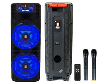 2 MR DJ NEWYORK 2.0 Dual 12” Rechargeable Bluetooth Party Speaker 4000W Portable PA System with Flame LED Lights 2 Wireless Microphones TWS Stereo USB FM Radio