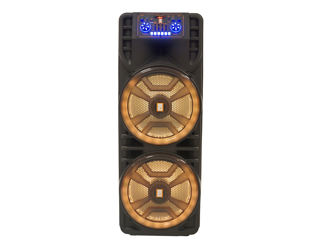 MR DJ NEWYORK 2.0 Dual 12” Rechargeable Bluetooth Party Speaker, 4000W Portable PA System with Flame LED Lights, 2 Wireless Microphones, TWS Stereo, USB, FM Radio