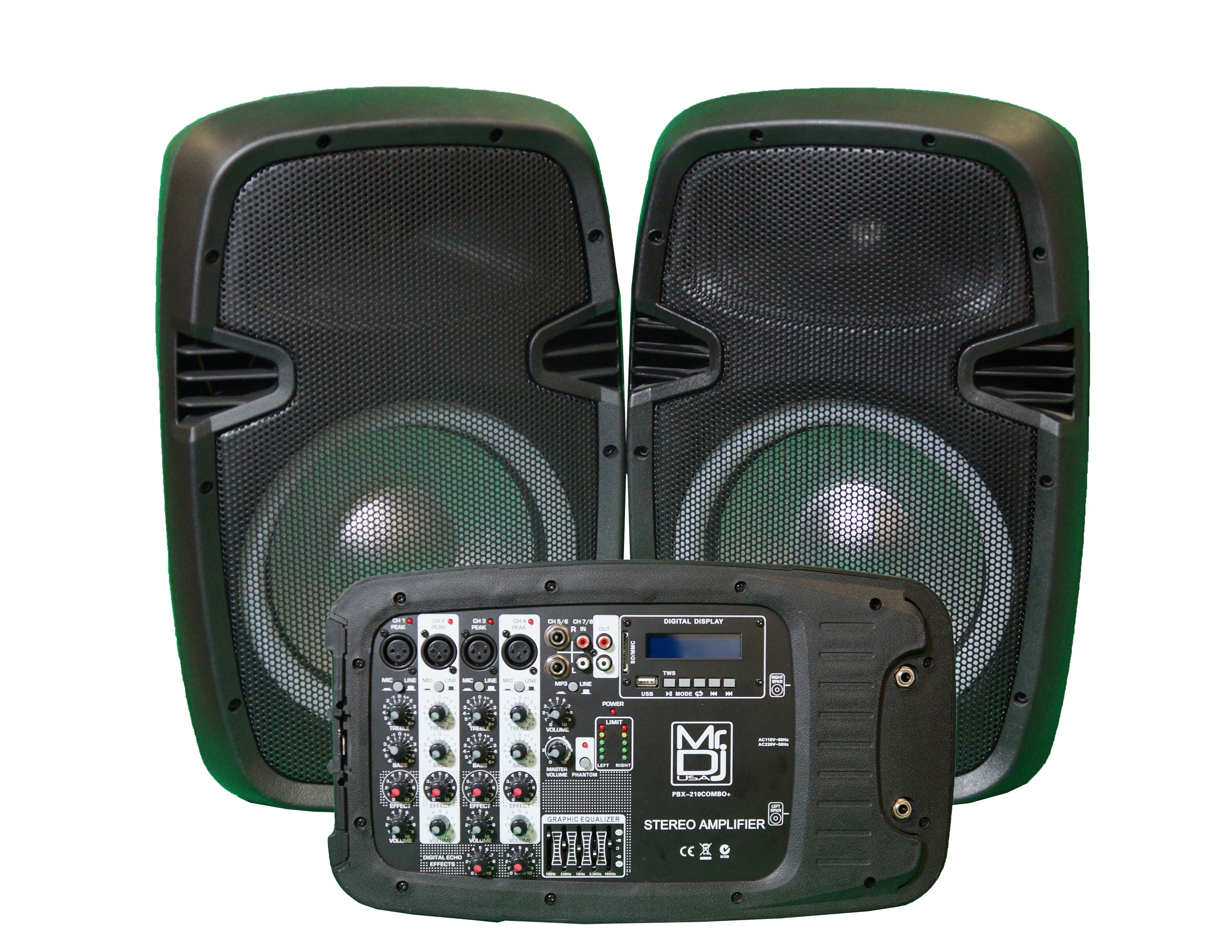 MR DJ PBX210COMBO Ultra-Portable Professional PA System with Dual 10" Speakers, Built-in Mixer, Bluetooth Streaming, Ideal for DJs, Musicians, Podcasters