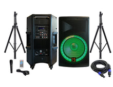 Load image into Gallery viewer, MR DJ PBX4500PKG 15" 2-Way PA DJ 4500W Active Powered Bluetooth Karaoke Speaker LED Lighting &amp; Passive Speaker  + Speaker Stands &amp; Cable