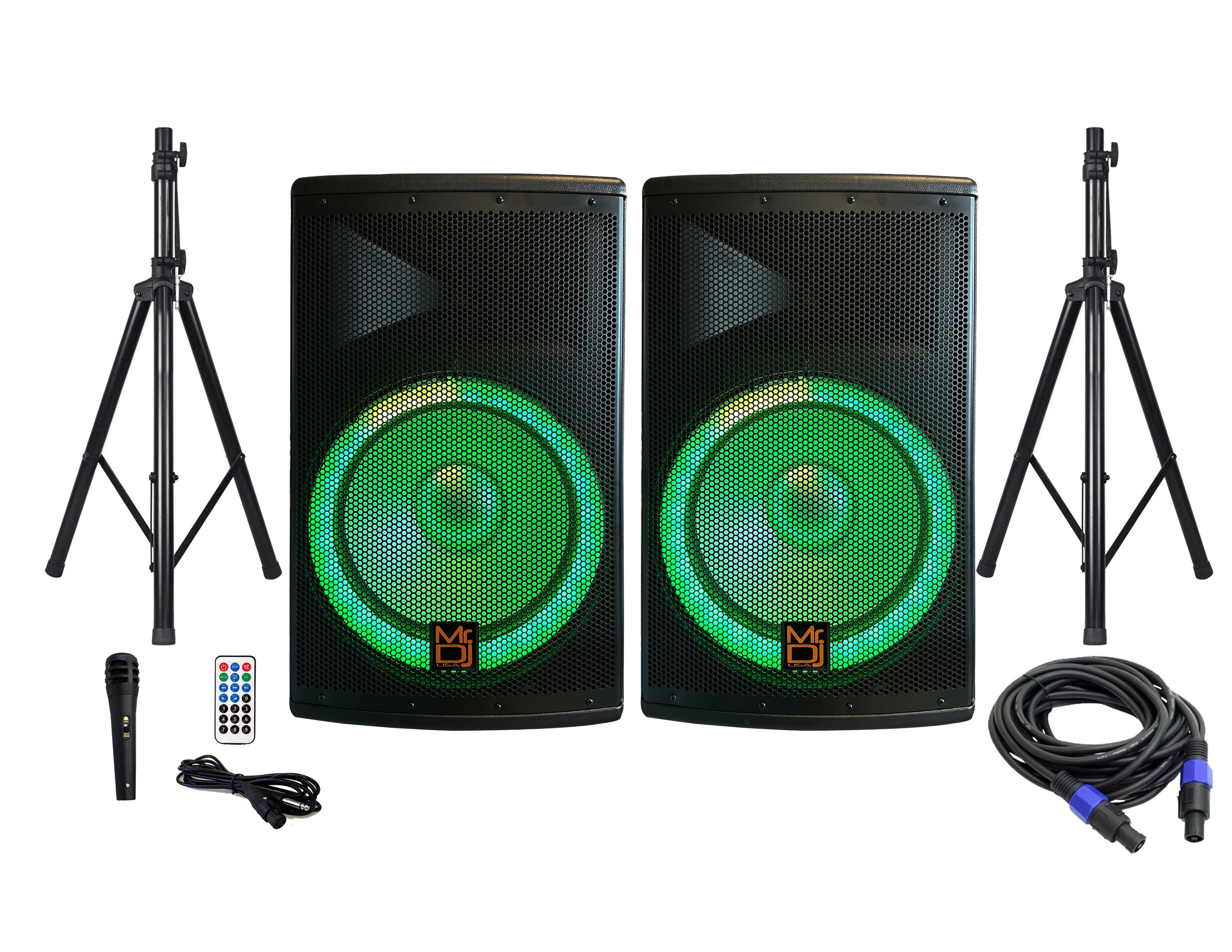 MR DJ PBX4500PKG 15" 2-Way PA DJ 4500W Active Powered Bluetooth Karaoke Speaker LED Lighting & Passive Speaker  + Speaker Stands & Cable