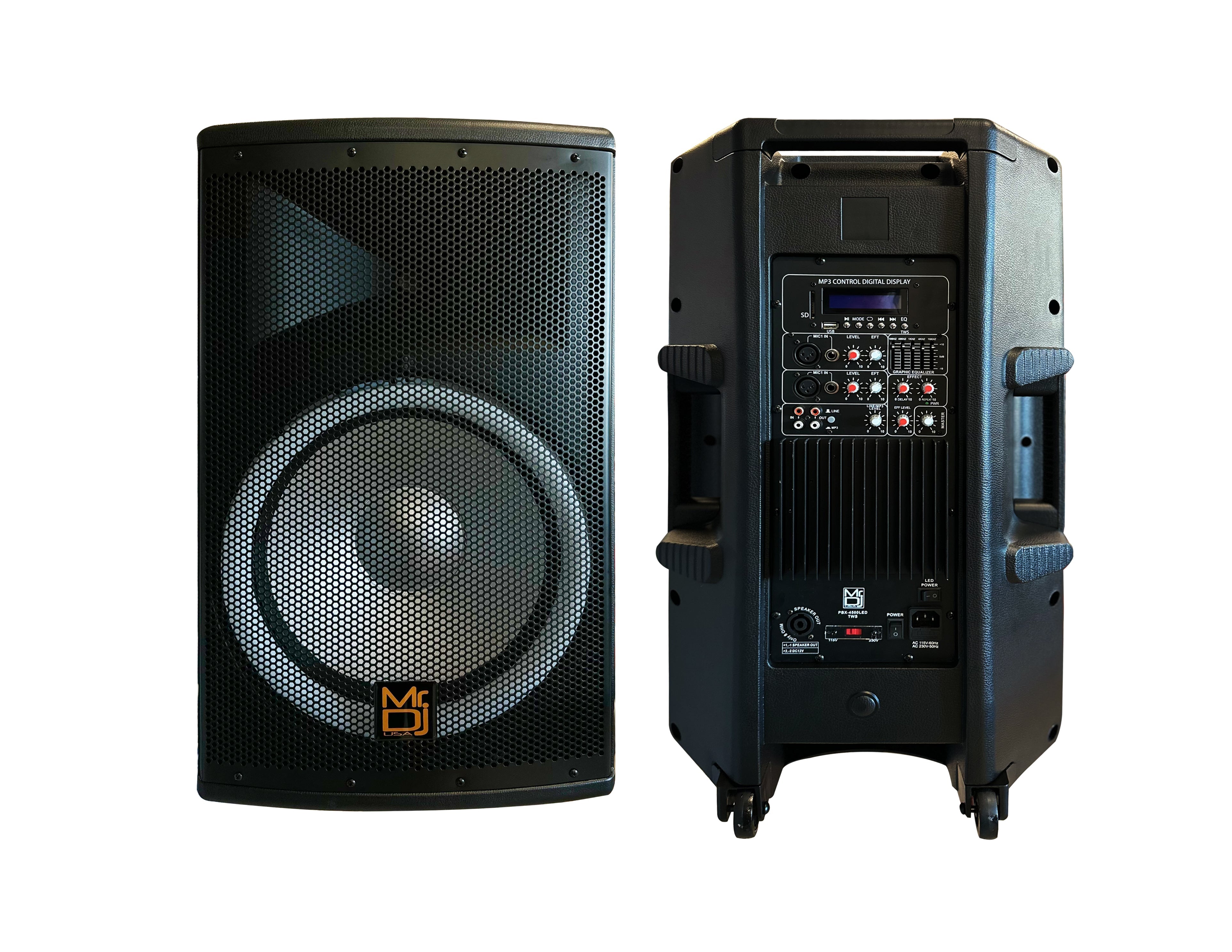 MR DJ PBX4500PKG 15" 2-Way PA DJ 4500W Active Powered Bluetooth Karaoke Speaker LED Lighting & Passive Speaker  + Speaker Stands & Cable