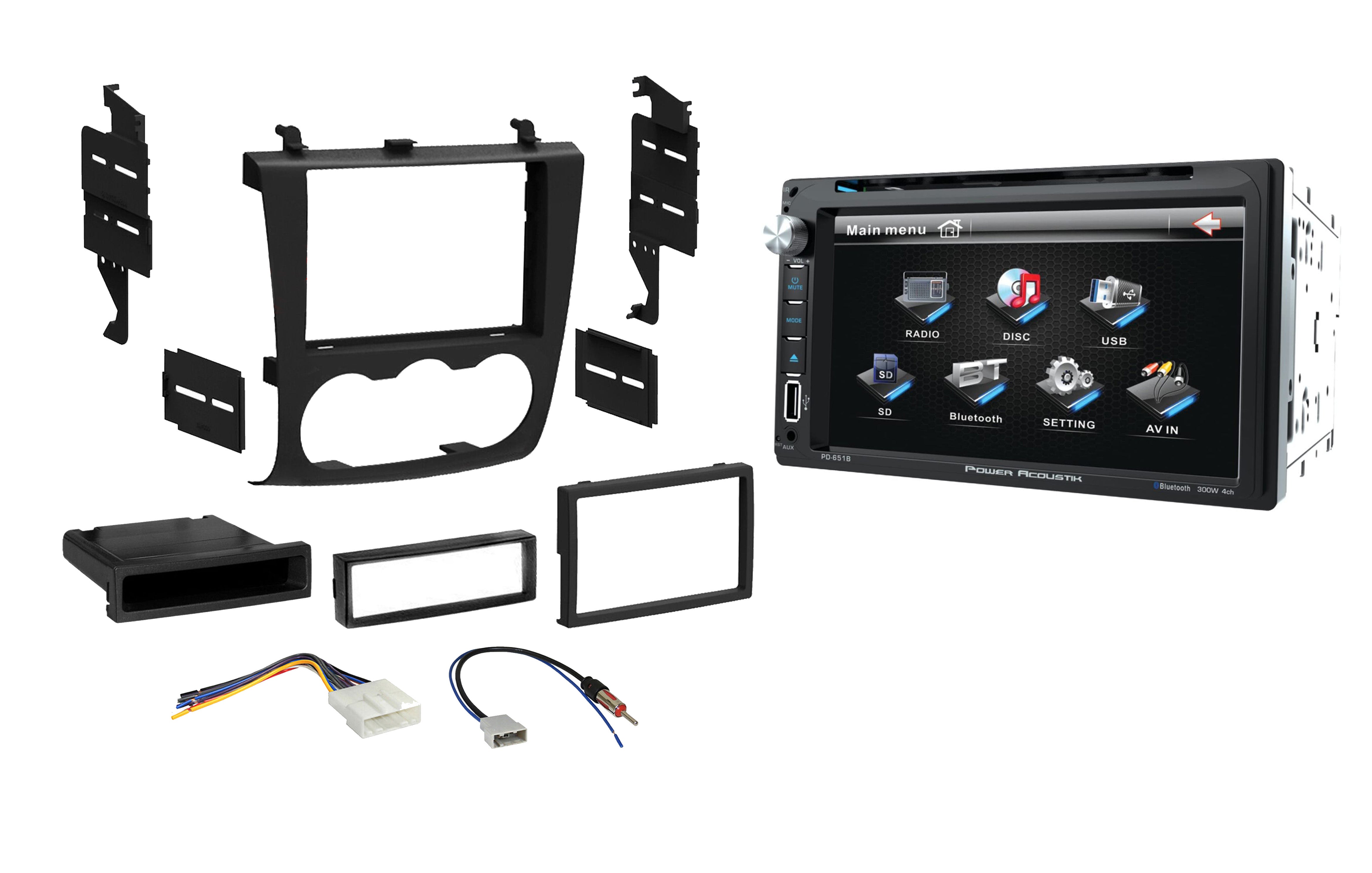 Power Acoustik PD-651B Double DIN Bluetooth In-Dash DVD/CD/AM/FM Car Stereo w/ 6.5" Touchscreen and SD/USB Reader &  Single Double DIN Dash Kit Harness for 2007-2012 Nissan Altima
