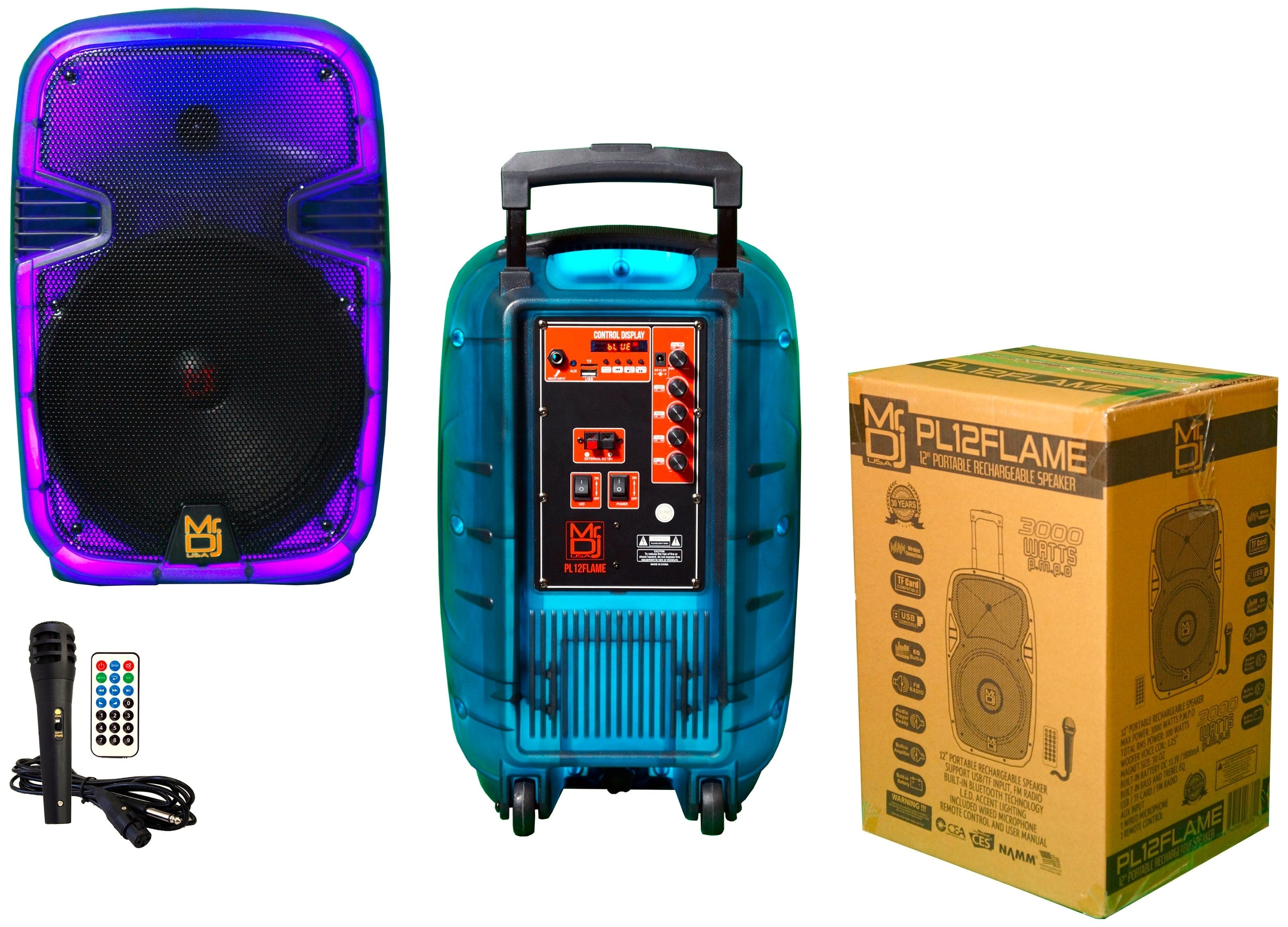 MR DJ PL12FLAME 12" Portable Translucent Trolley PA DJ Active Powered Bluetooth TWS Speaker 3000 Watts LCD/MP3/USB/micro SD