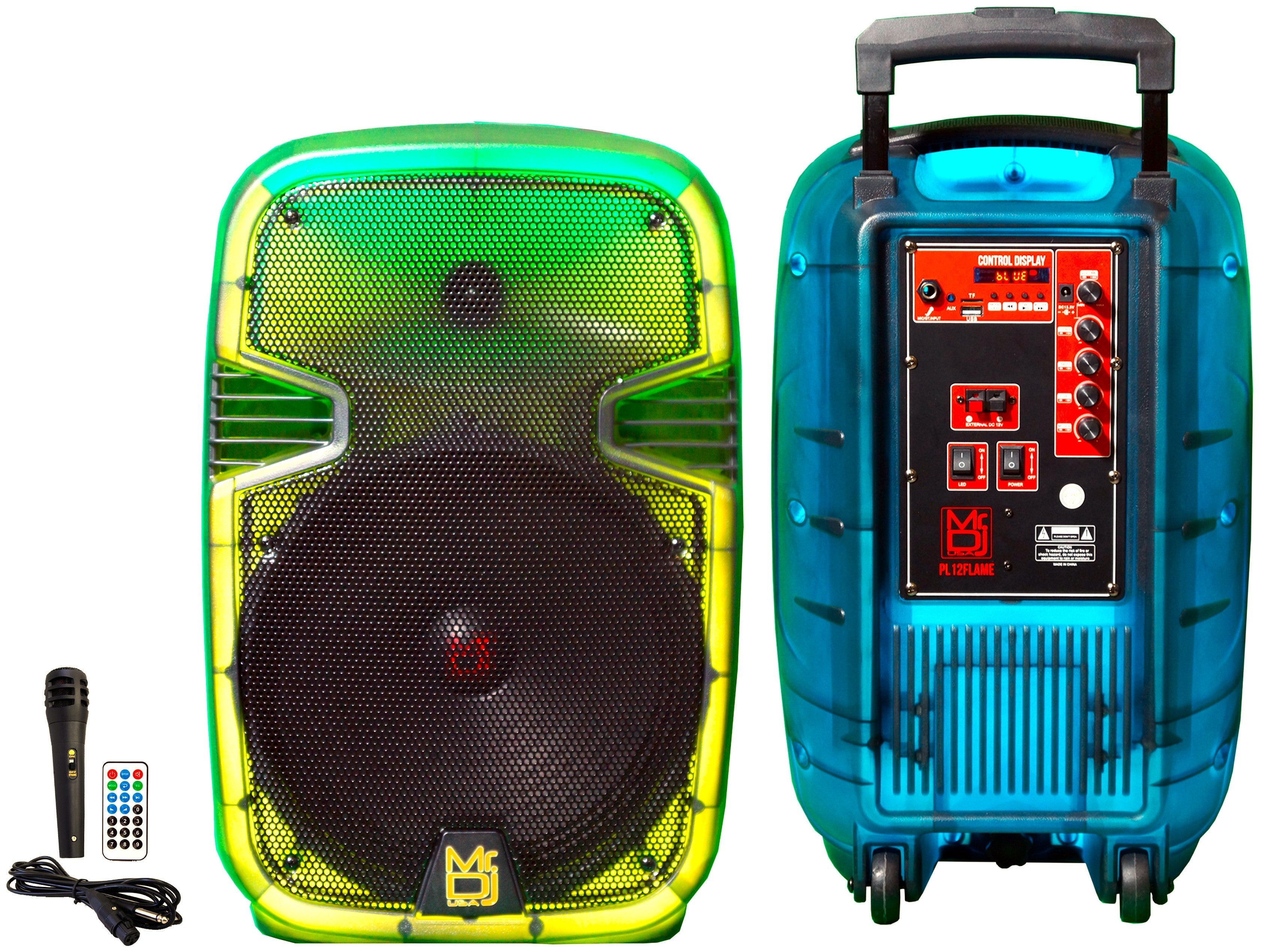 MR DJ PL12FLAME 12" Portable Translucent Trolley PA DJ Active Powered Bluetooth TWS Speaker 3000 Watts LCD/MP3/USB/micro SD