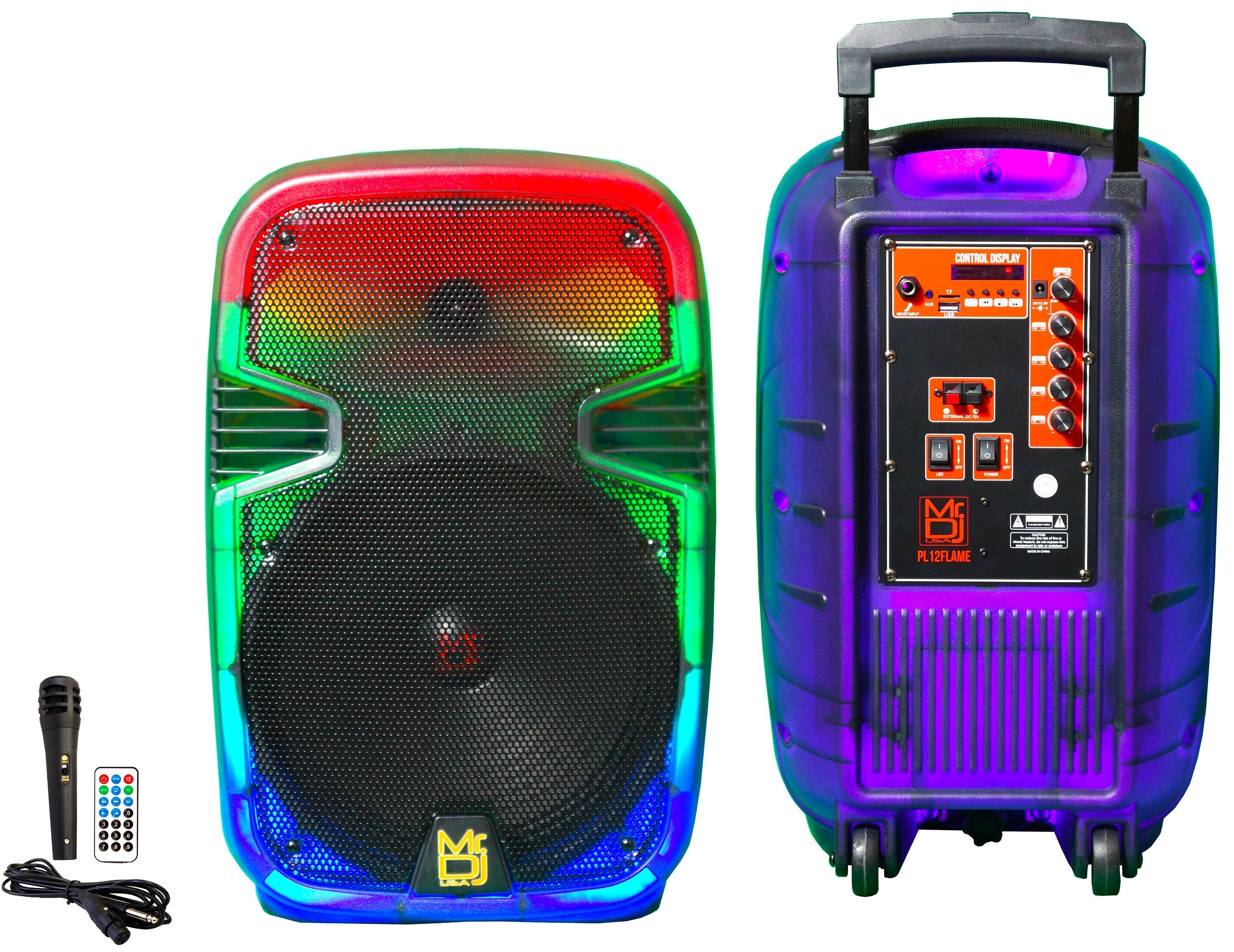 MR DJ PL12FLAME 12" Portable Translucent Bluetooth Speaker + Speaker Stand + 18-LED Slim Par Wash DJ Light