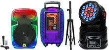 Load image into Gallery viewer, MR DJ PL15FLAME 15" Portable Translucent Bluetooth Speaker + Speaker Stand + 18-LED Moving Head DJ Light