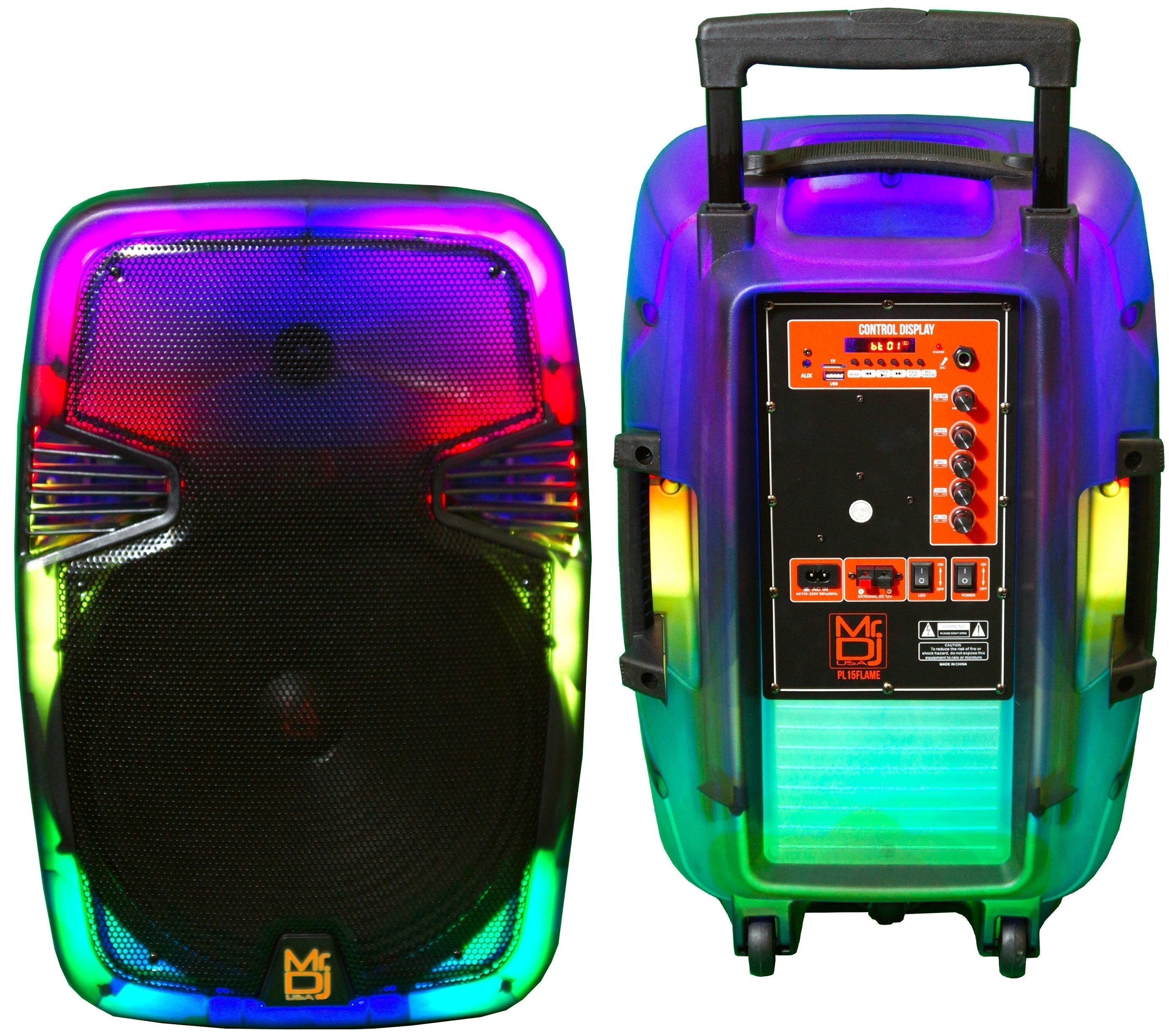 MR DJ PL15FLAME 15" Portable Translucent Bluetooth Speaker + Speaker Stand + 18-LED Moving Head DJ Light