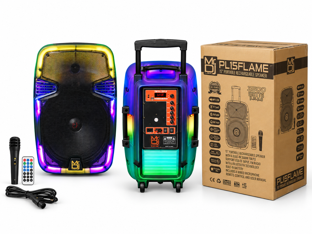 MR DJ PL12FLAME 12" Portable Translucent Bluetooth Speaker + Speaker Stand + 7-LED Moving Head DJ Light