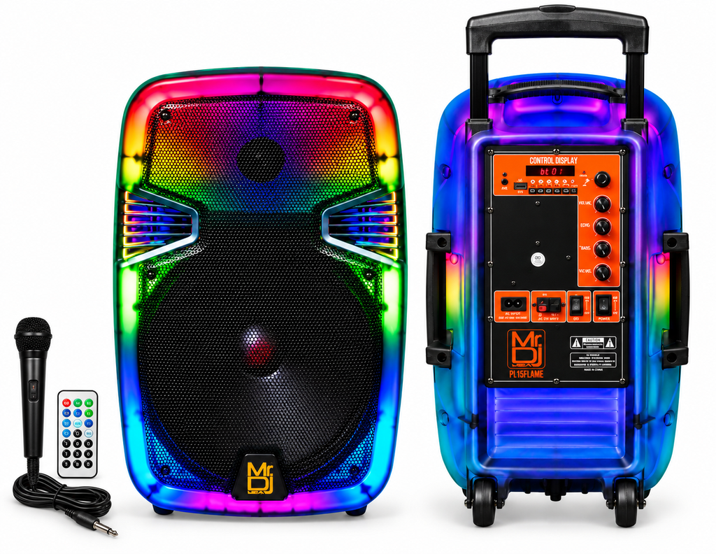 MR DJ PL12FLAME 12" Portable Translucent Bluetooth Speaker + Speaker Stand + 7-LED Moving Head DJ Light