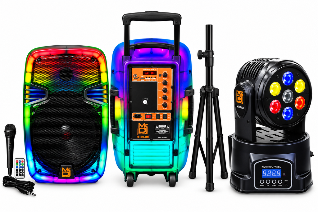 MR DJ PL12FLAME 12" Portable Translucent Bluetooth Speaker + Speaker Stand + 7-LED Moving Head DJ Light