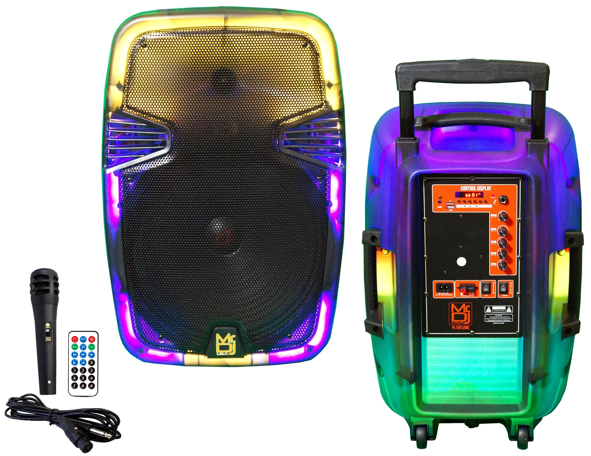 MR DJ PL15FLAME 15" Portable Translucent Trolley PA DJ Active Powered Bluetooth TWS Speaker 3500 Watts LCD/MP3/USB/micro SD