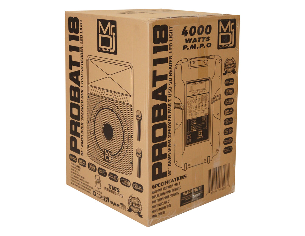 MR DJ 18" Portable Builtin Battery Active PRO PA DJ Rechargeable Powered Speaker