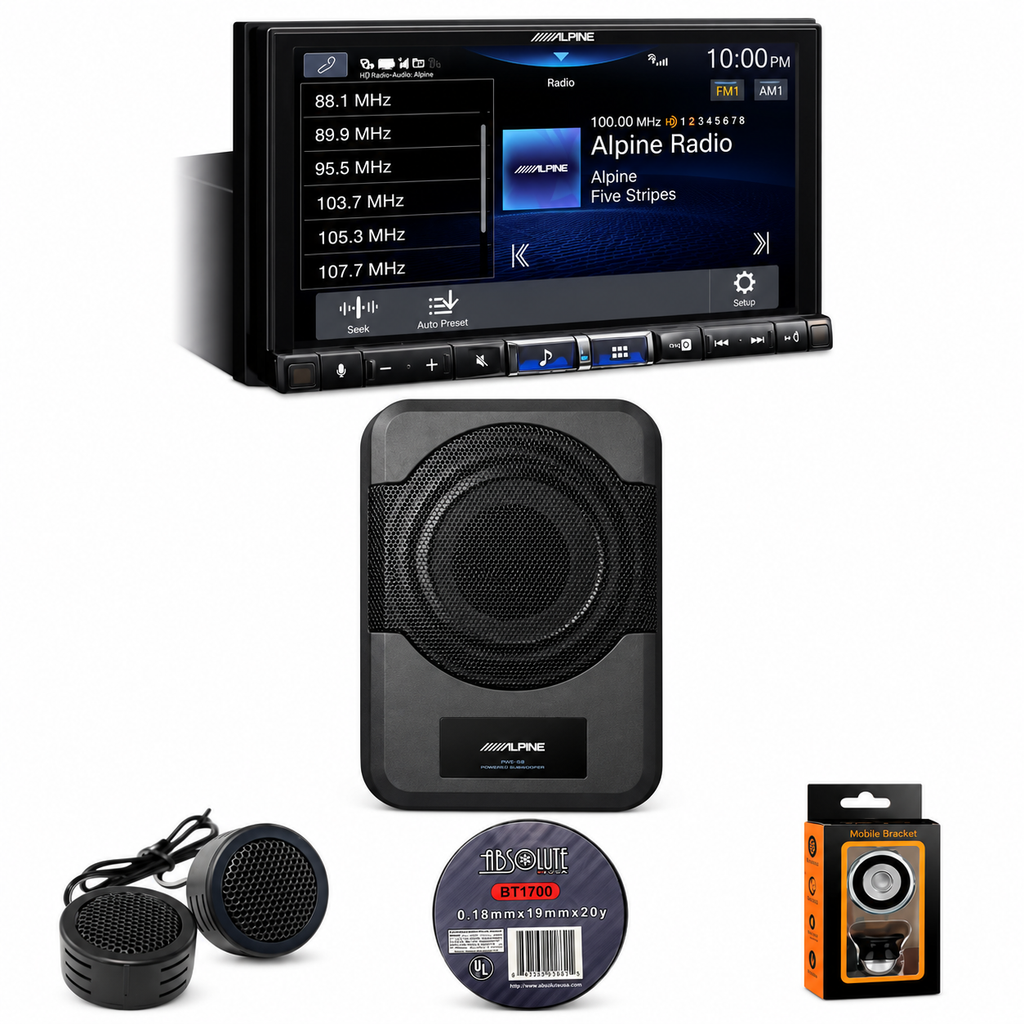 Alpine iLX-507 7" Digital Multimedia Receiver + PWE-S8 Powered 8" Woofer + Accessory Bundle