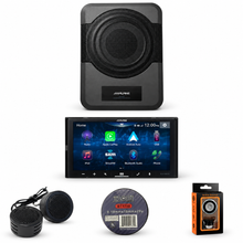 Load image into Gallery viewer, Alpine PWE-S8+iLX-W670+TW500+BT1700 7-inch Ultra-Shallow Digital Multimedia Receiver with PowerStack™ w/ Powered 8inch Woofer + Accessory Bundle