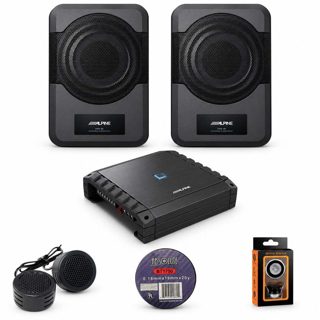 Alpine (2) PWE-S8 8" Powered Subwoofers + S2-A36F 4-Ch Amplifier + Accessory Bundle