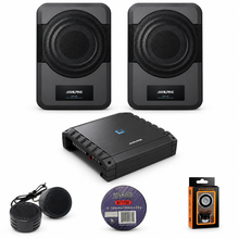 Load image into Gallery viewer, Alpine (2) PWE-S8 8" Powered Subwoofers + S2-A36F 4-Ch Amplifier + Accessory Bundle