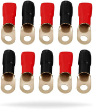 Load image into Gallery viewer, P0GRT10 0 Gauge Gold Ring Terminal 10 Pack 1/0 Gauge Wire Crimp Cable Red Black Boots 5/16