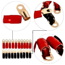 Load image into Gallery viewer, American Terminal AT0GRT20 0 Gauge Gold Ring Terminal 20 Pack 1/0 AWG Wire Crimp Cable Red Black Boots 5/16