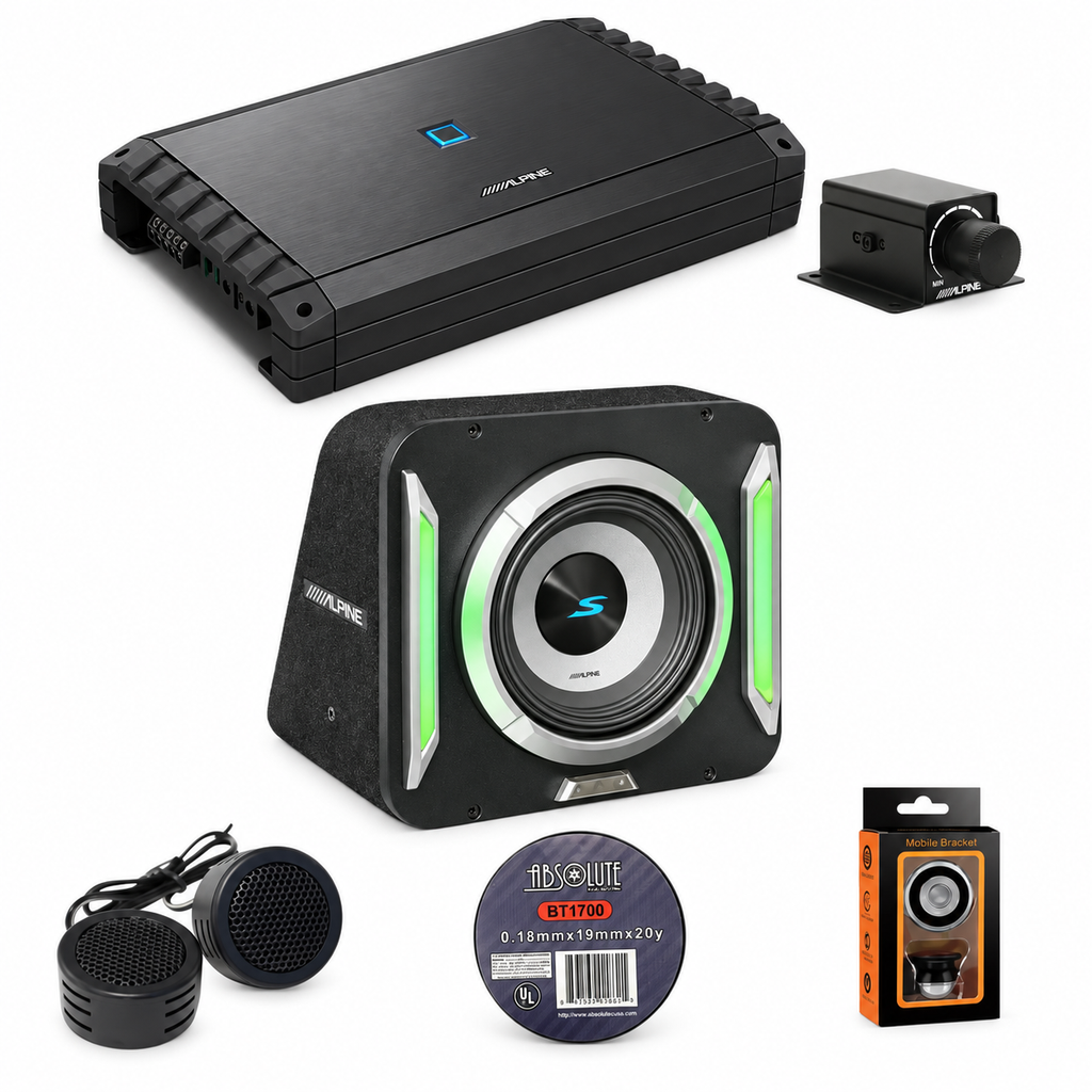 Alpine S2-A55V 5-Ch Amp + S2-SB12 12" Loaded Subwoofer + RUX-KNOB.2 + Accessory Bundle