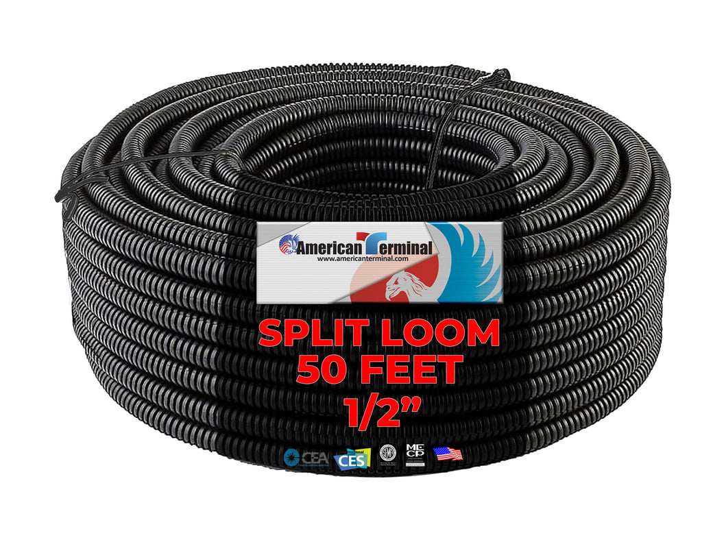 American Terminal SLT12 Black Split Loom 1/2" Diameter 50' Roll