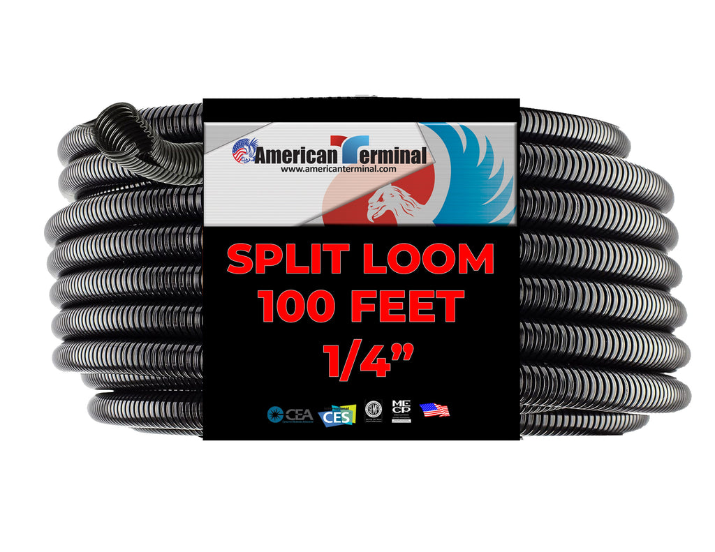 American Terminal 100 Ft. 1/4" Split Wire Loom Conduit Polyethylene Tubing Black Color Sleeve Tube