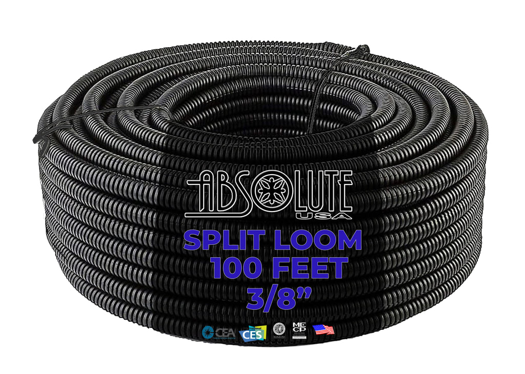 Absolute 3 Rolls 100 Feet Black 1/4" + 3/8" + 1/2" Split Loom Wire w/ Conduit Corrugated Plastic Tubing Sleeve