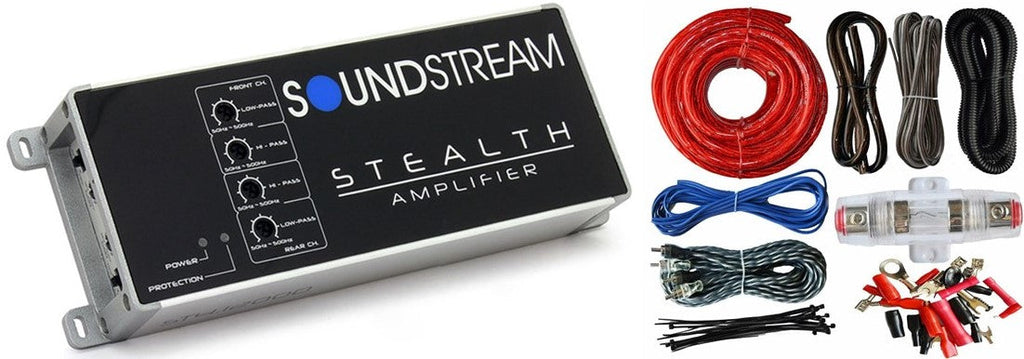 Soundstream ST4.1200D Stealth 1200W 4Channel Class D Motorcycle Car Audio Amplifier + 4 Gauge Amp Kit