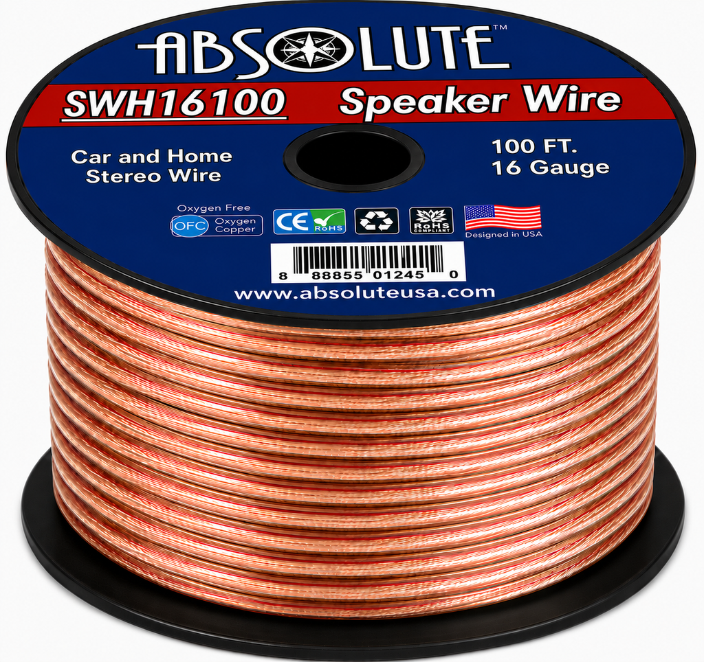 Absolute SWH16100 100' 16 Gauge Car Home Audio Speaker Wire Cable Spool
