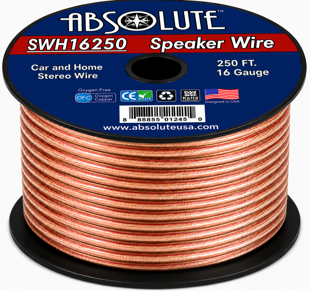 Absolute SWH16250 250' 16 Gauge Car Home Audio Speaker Wire Cable Spool