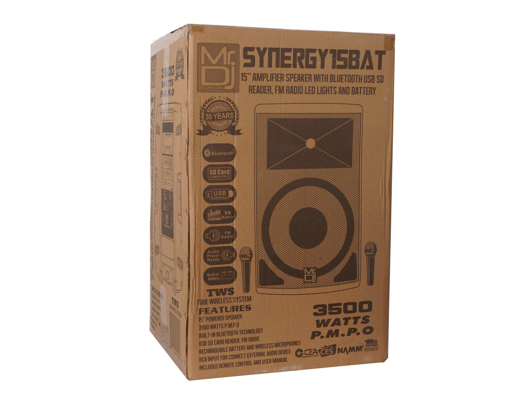 MR DJ SYNERGY15BAT 15" 3500W Power DJ Bluetooth Speaker Battery/Amplifier/SD/USB/FM