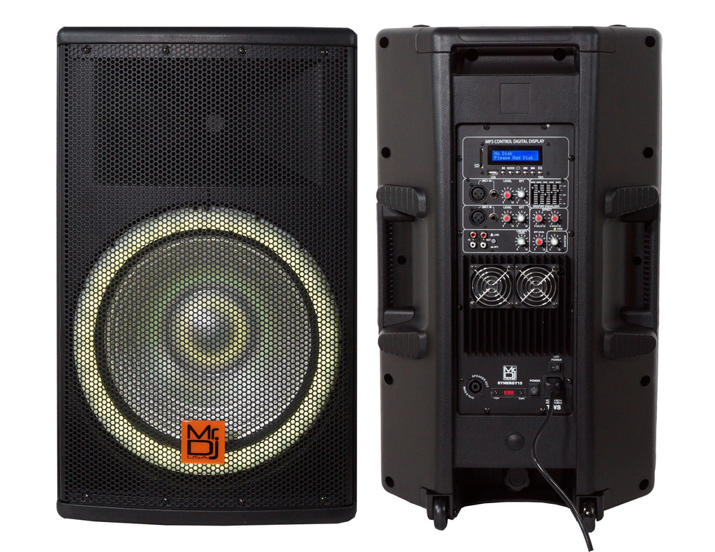 MR DJ SYNERGY15 Pro Audio Indoor Outdoor Ultra Powerful DJ Bluetooth 4500W Watts Peak, 15" Inch Woofer, Trolley Rolling Speaker with Built in Media Player, FM Radio Tuner, USB, SD Card