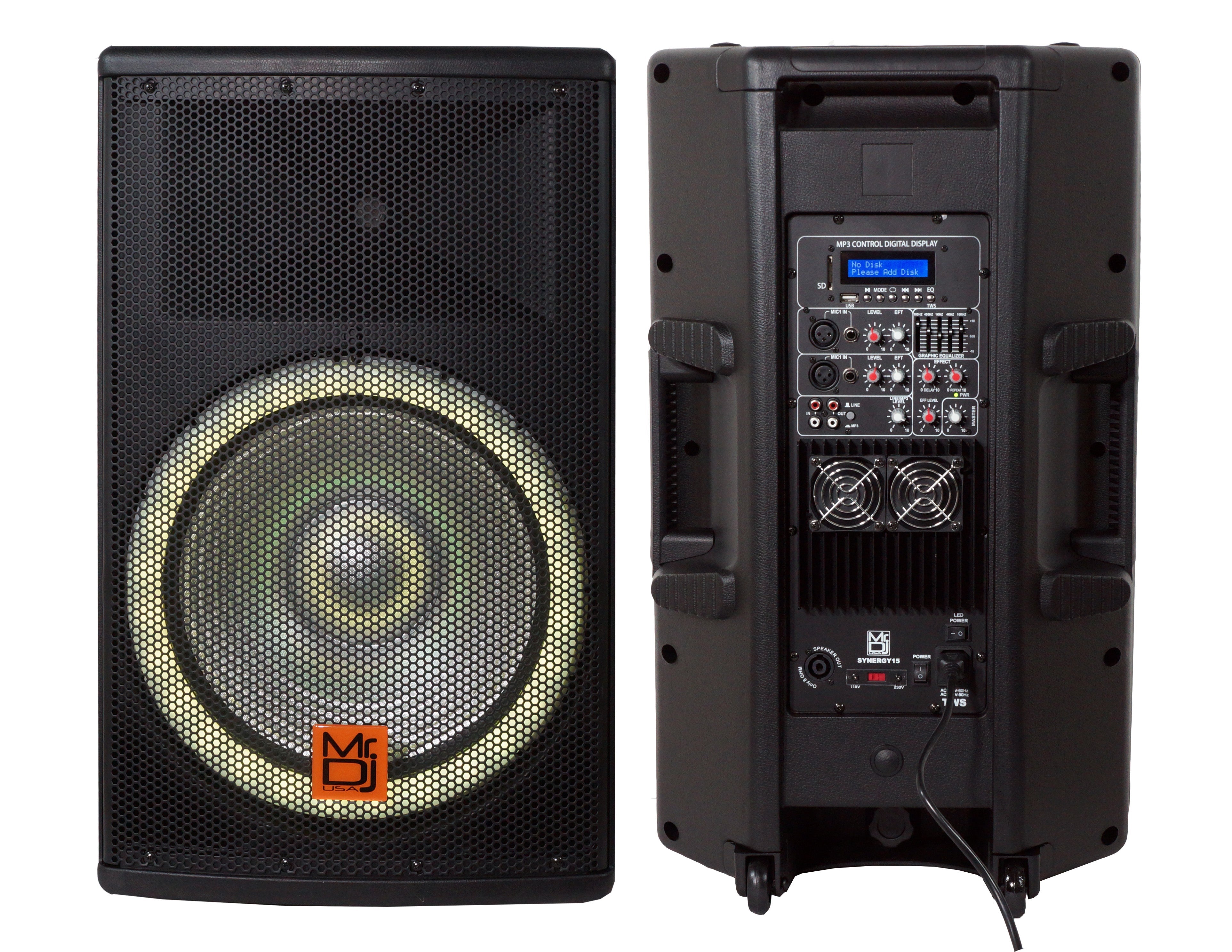 MR DJ SYNERGY15 15" Wireless Portable PA Speaker System 4500W High Powered Bluetooth Indoor and Outdoor DJ PA Sound Stereo Loudspeaker USB SD MP3 AUX Input Flashing Party Light & FM Radio