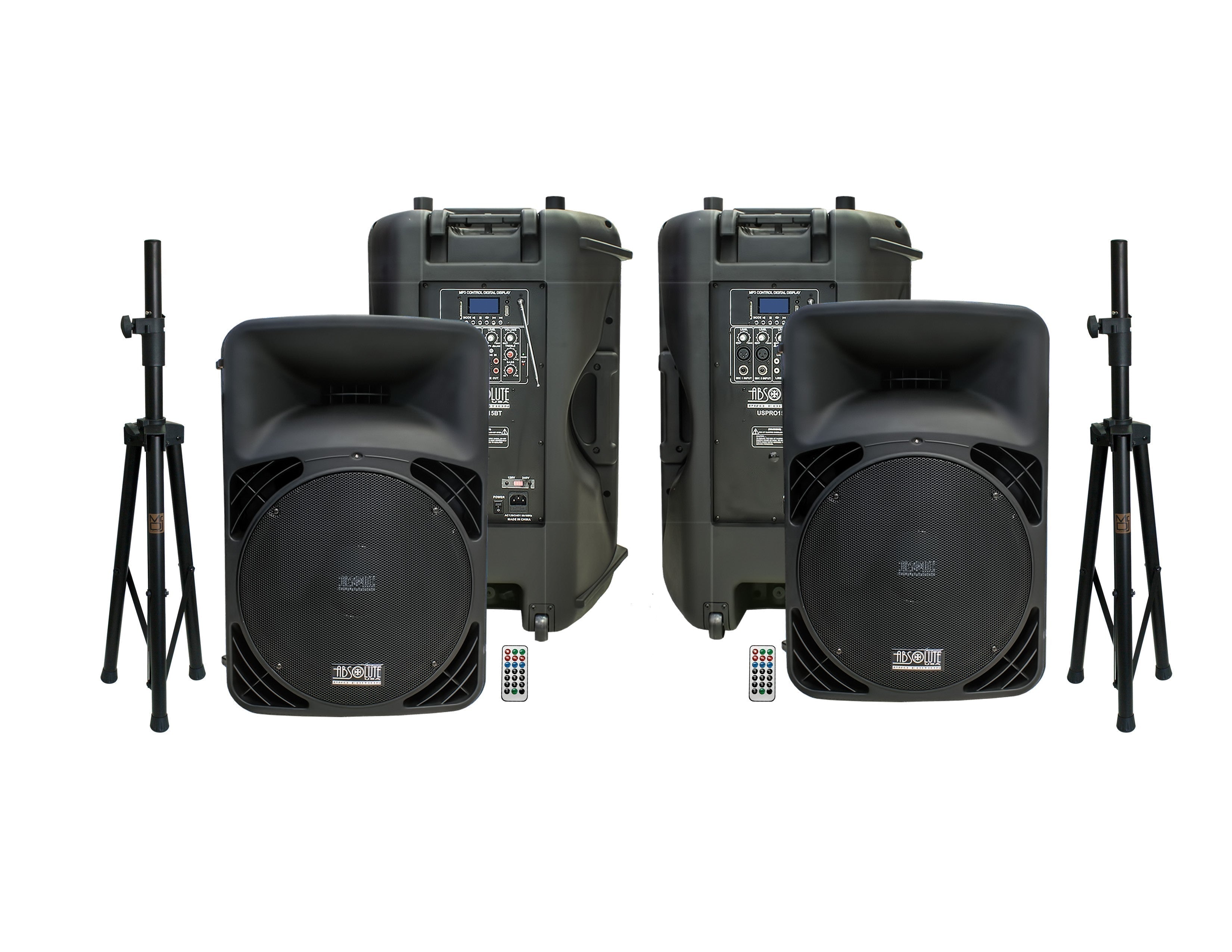 2 Absolute USPRO15BT 15" Active Powered Speaker + Tripod Speaker Stand <br/>15" Active Self Powered Amplified PRO PA DJ Loudspeaker with Bluetooth, MP3, FM Radio, Karaoke + Tripod Stand