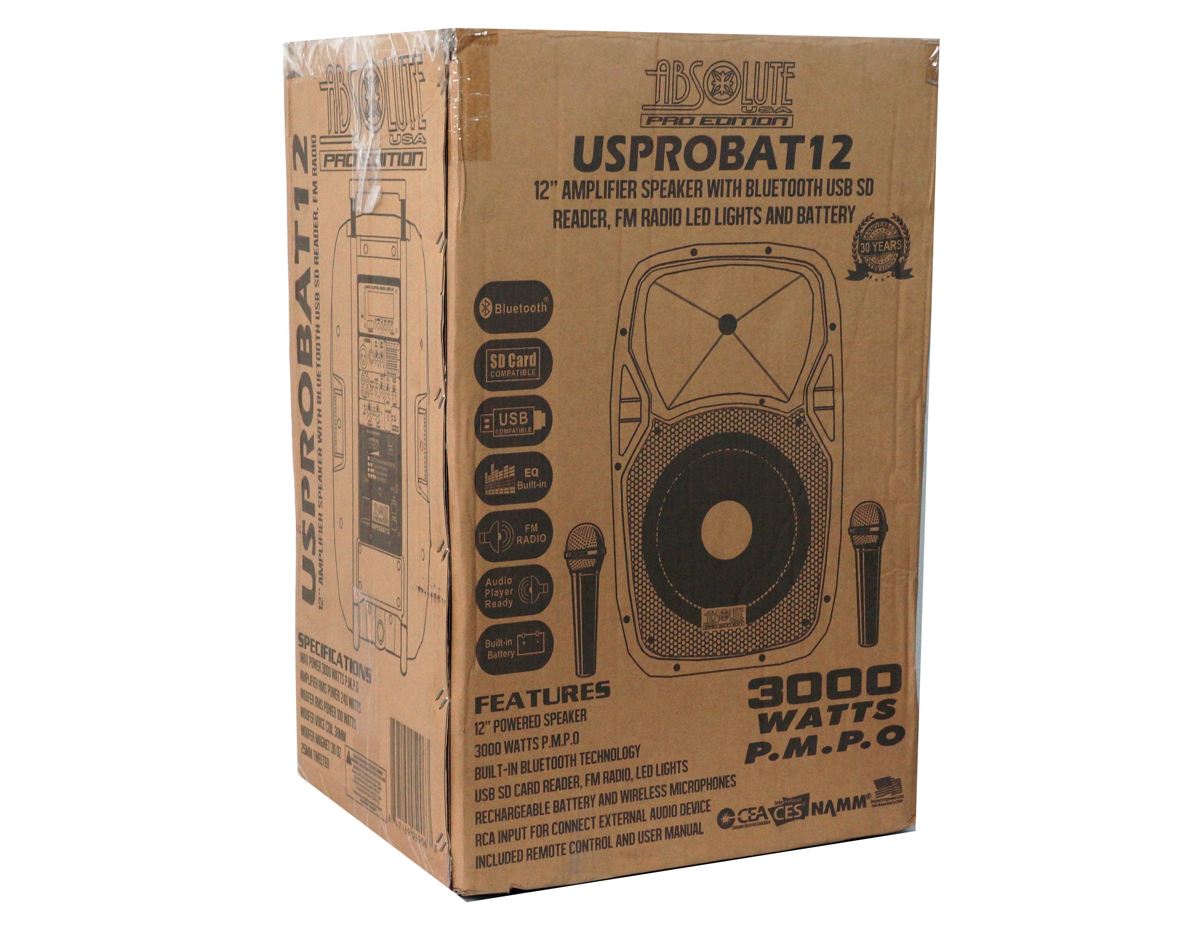 USPROBAT12 12" Speaker PA System Wireless Mic Bluetooth Rechargeable + Stand