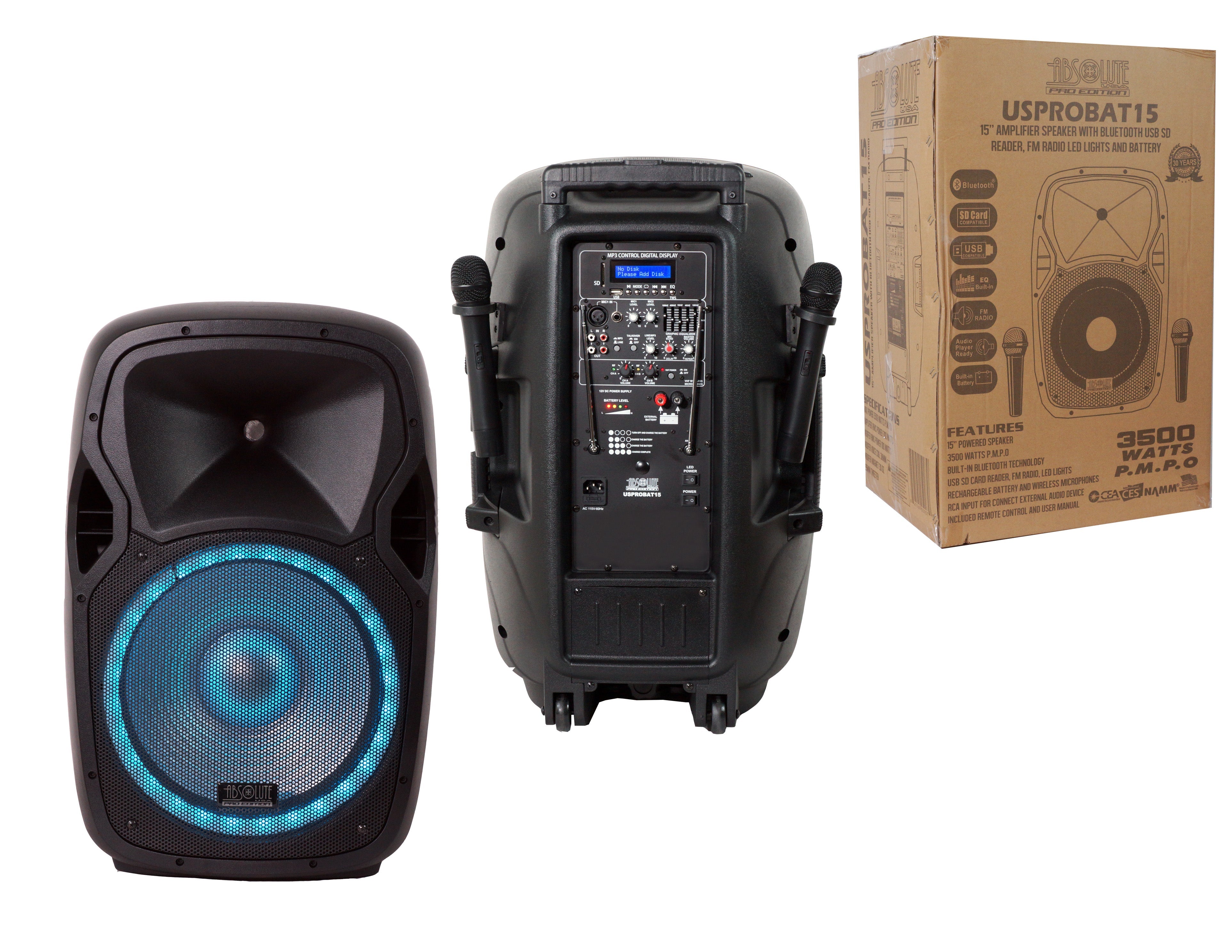 Absolute USPROBAT15 15" Speaker 3500W PA DJ System Wireless Mic Bluetooth Rechargeable