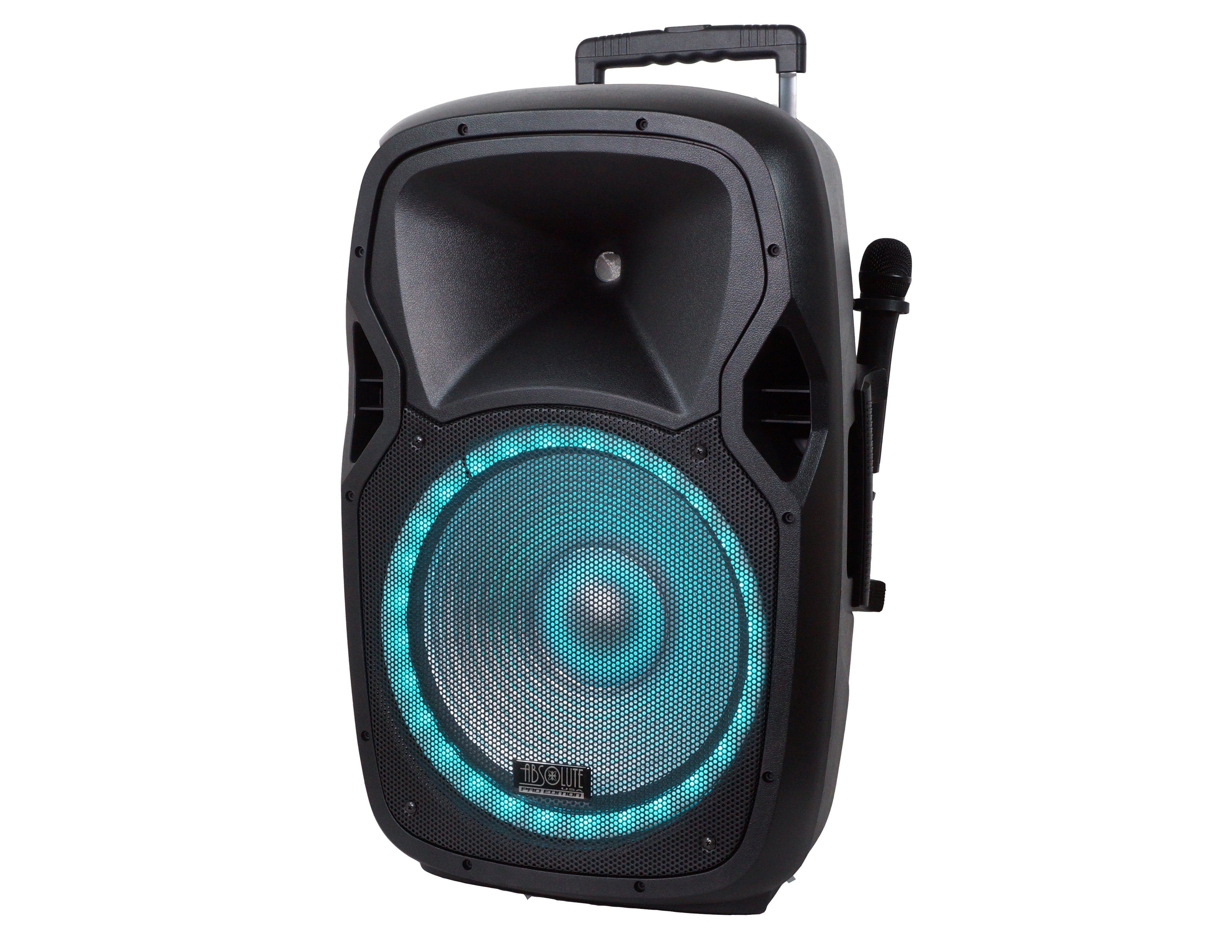 Absolute USA USPROBAT15 Pro Audio Indoor Outdoor Ultra Powerful DJ Bluetooth 3500W Watts Peak, 15" Inch Woofer, Rollable Trolley Speaker with Built in Media Player, FM Radio Tuner, USB, SD Card Rechargeable