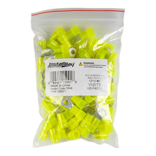 Install Bay YNRT8 Yellow Nylon Ring Terminal 12-10 Gauge #8 - Package of 100