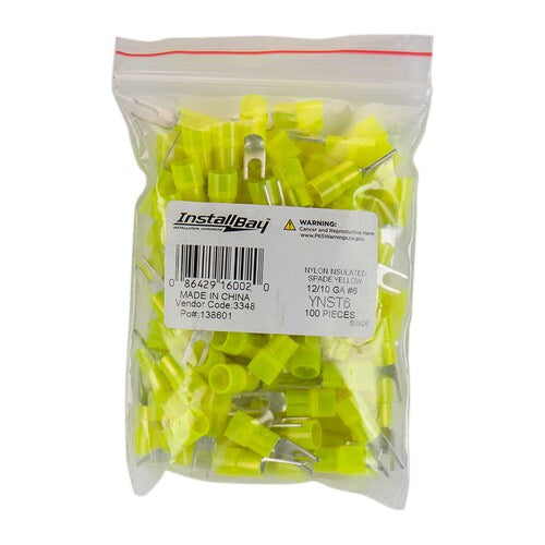Install Bay YNST6 Yellow Nylon Spade Terminal 12-10 Gauge #6 - Package of 100